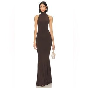 Norma Kamali Chocolate Brown Fishtail Halter Turtleneck Gown Dress Size Small